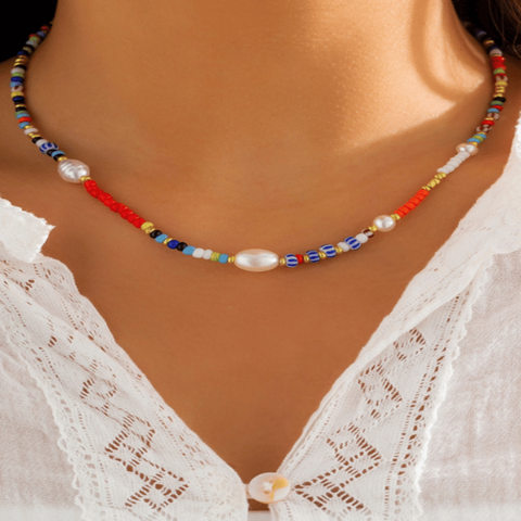 Bead Choker Necklace Colorful Bead Necklace Beach - Tecwwa